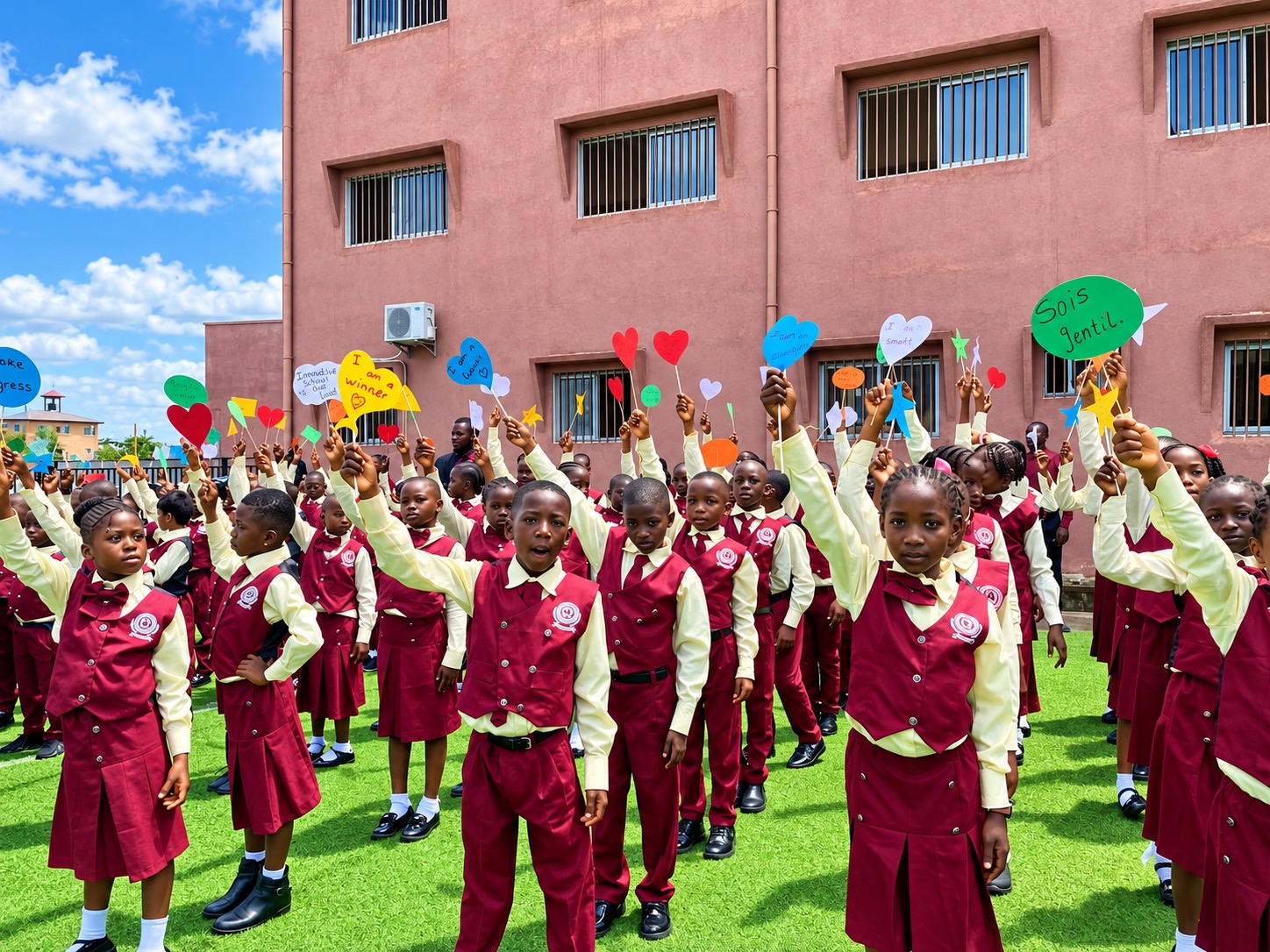 Pupils in school uniforms holding colorful paper shapes outdoors