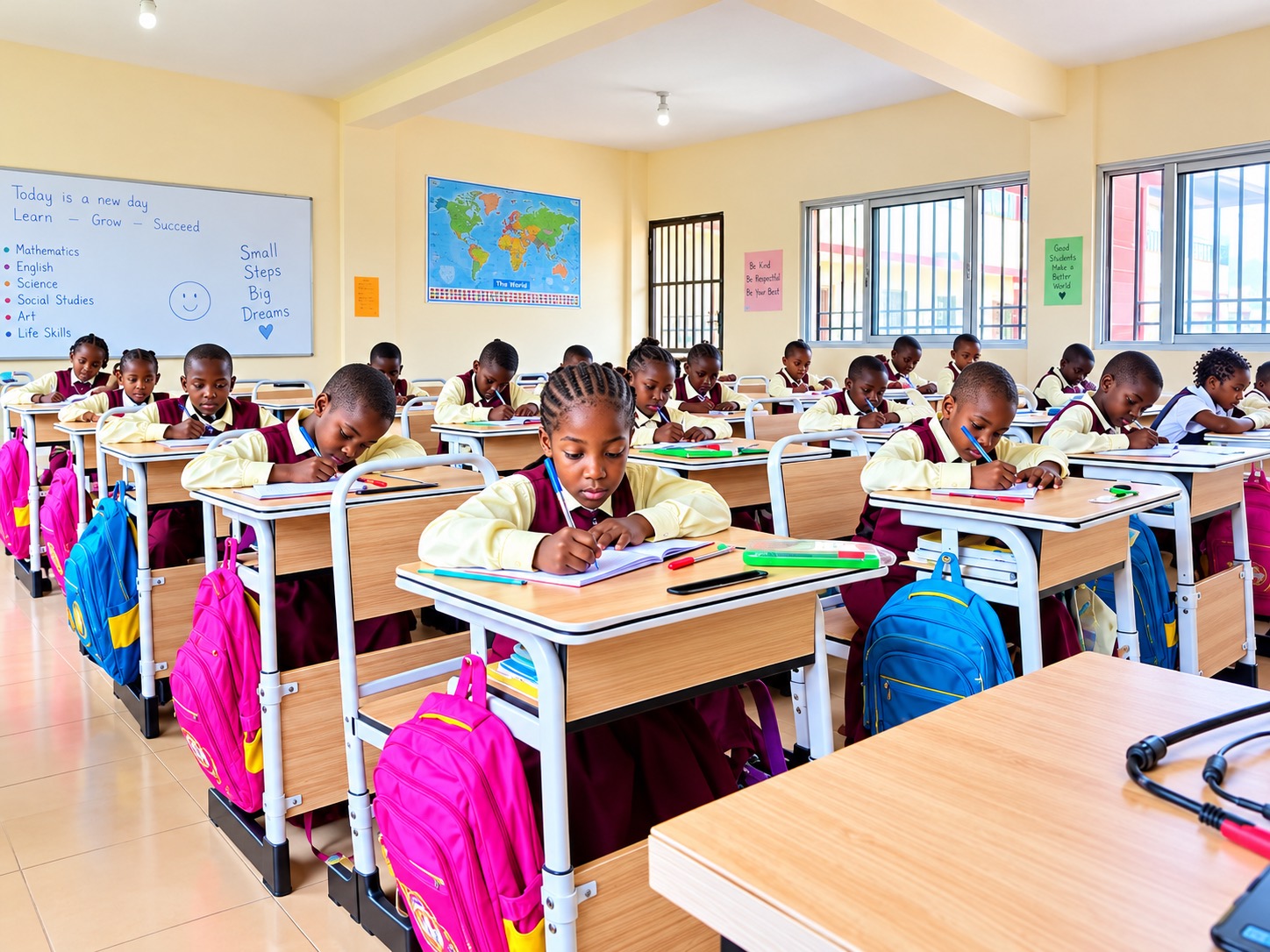 Pupils learning at their desks in a bright classroom